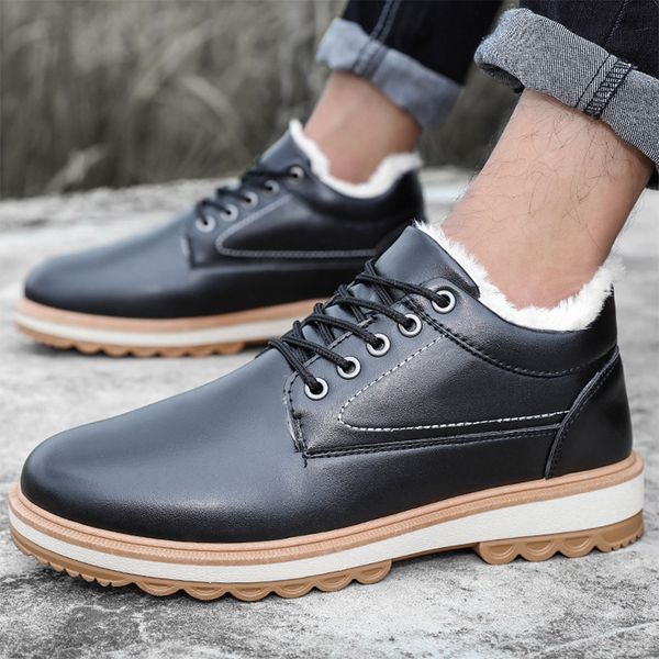 

men snow boots with plush big size winter shoes outdoor rubber sole botas warm fur shoes outdoor non-slip sneakers, Black