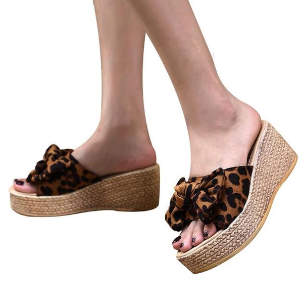 

summer leopard sandals platform women slippers wedges bottom bow casual comfy beach shoes sandals slippers new summer shoe, Black