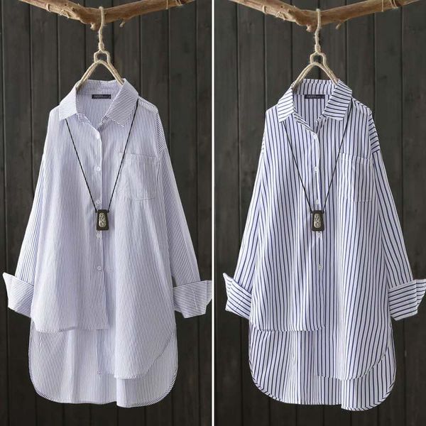 

women's blouses & shirts asymmetrical zanzea 2021 striped fashion casual lapel tunic female button down plus size blusas 5xl, White