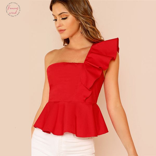 

ruffle trim one shoulder peplum female red summer blouse women shirts slim fit elegant womens and blouses, White