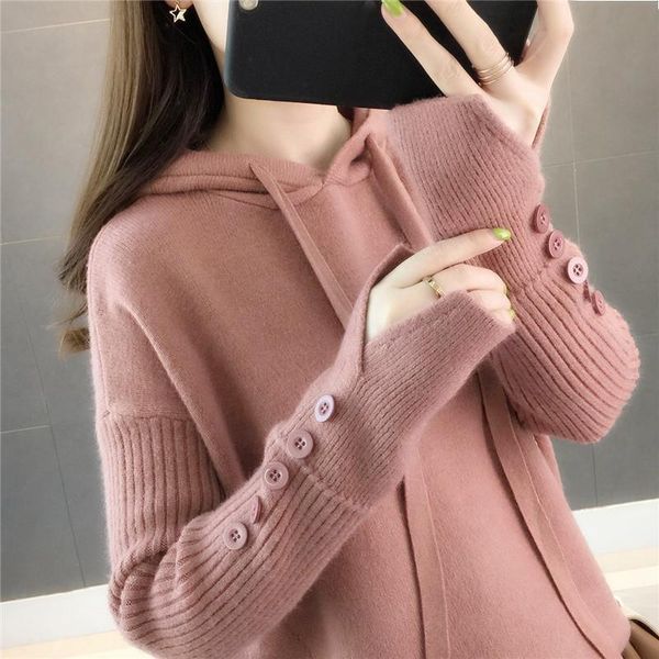 

casual hooded sweater fall winter korean style women loose knitwear female solid button long sleeve pullover sweater, White;black