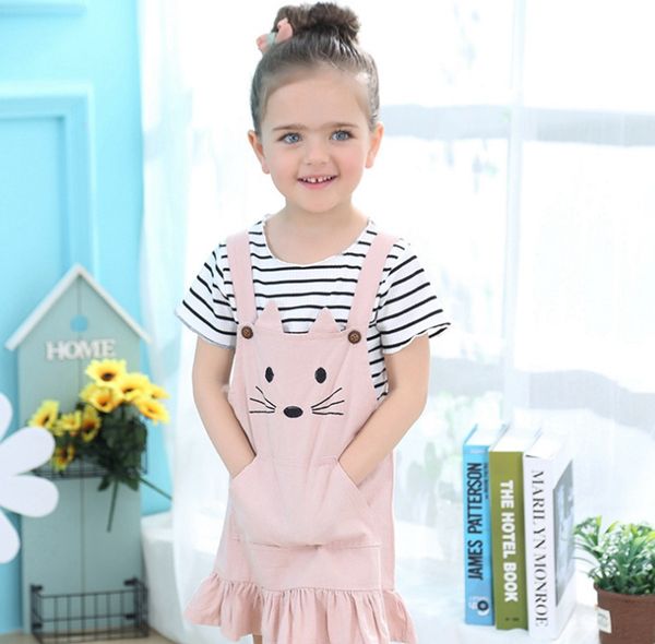 Bebek Kız Giyim Kedi Tasarım Elbise Çizgili Gömlek 2PCS Setleri Kısa Kollu Tişört Kedi Yelek Elbise Ruffled Etek Çocuk Giyim DHW1920 Takımları