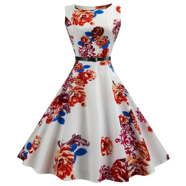 

womail women dress hepburn style retro sleeveless printed belt slim stylish and comfortable dress m301217, Black;gray