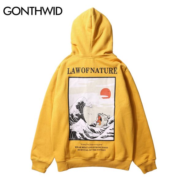 

Японская вышивка Смешные Cat Wave Printed ватки толстовки 2019 Winter Japan Style Hip Hop Повседневный фуфайки Streetwear