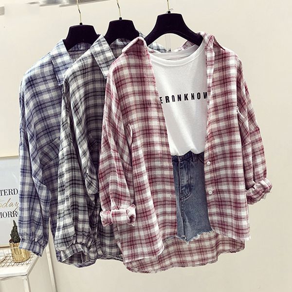 

women blouses womens autumn plaid shirt blouse female korea college loose chiffon fashion bat sleeve loose cardigan coat clothes, White