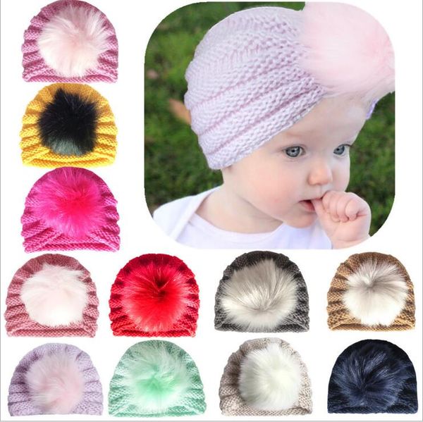 Mädchen Donut Pelz Ball Schädel Kappen Baby Turban Indien Hüte Neugeborenen Wolle Perle Hut Kleinkind Gestrickte Winter Beanie Infant mode Zubehör C6743