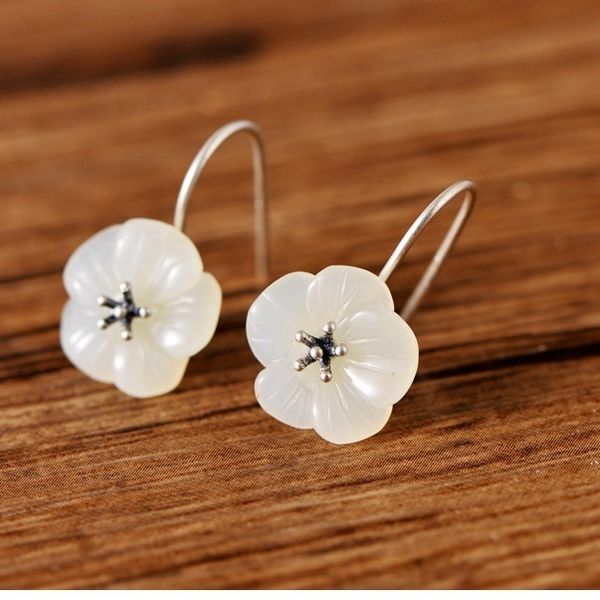 

real s925 silver dangle earrings for women hetian jade charm flower earrings drop hook gift, Golden;silver