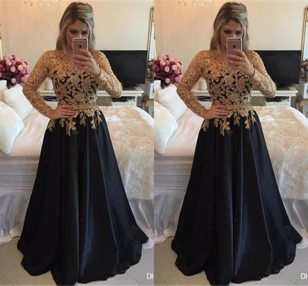 Elegante Preto Ouro Applique Miçangas Cetim A Line Vestidos de Noite Mangas Longas Até o Chão Vestido Formal Festa à Noite Vestidos de Baile Longos