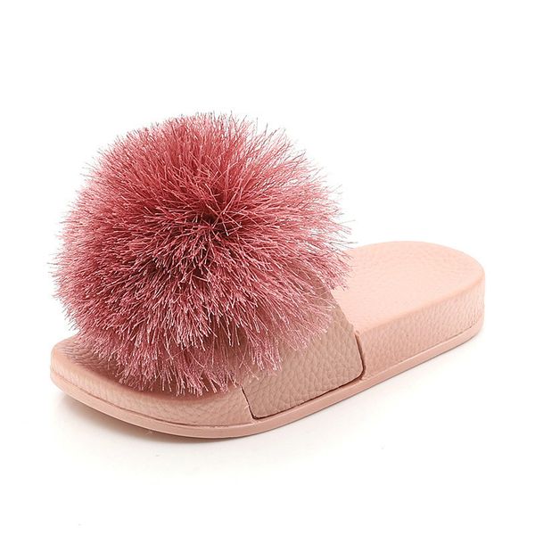 

big fur ball princess shoes new open toe children summer slippers kids outer wear anti-slip beach sandals lovely girls slippers, Black;grey