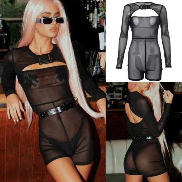 

brand new women's see through sheer mesh buckle playsuits long sleeve hollow out beach black hollow out jumpsuit, Black;white