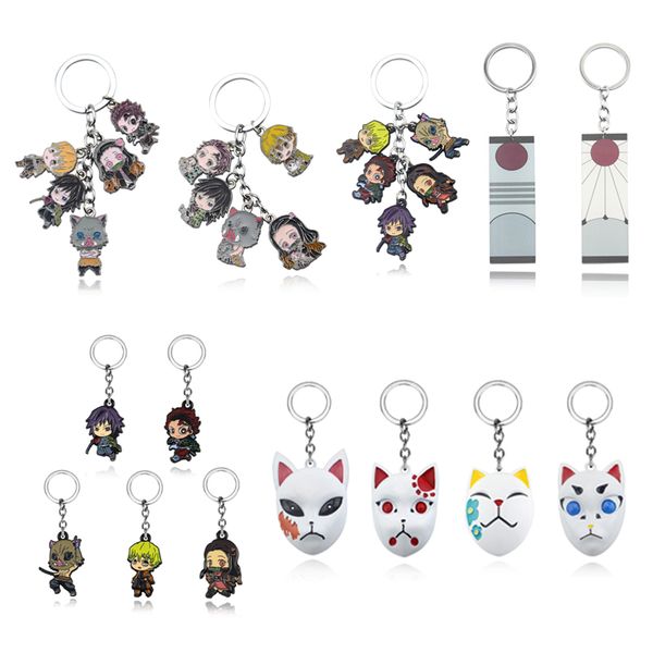 

anime demon slayer kimetsu no yaiba keychain kamado tanjirou sabito makomo floral mask anime character cosplay keyring, Silver