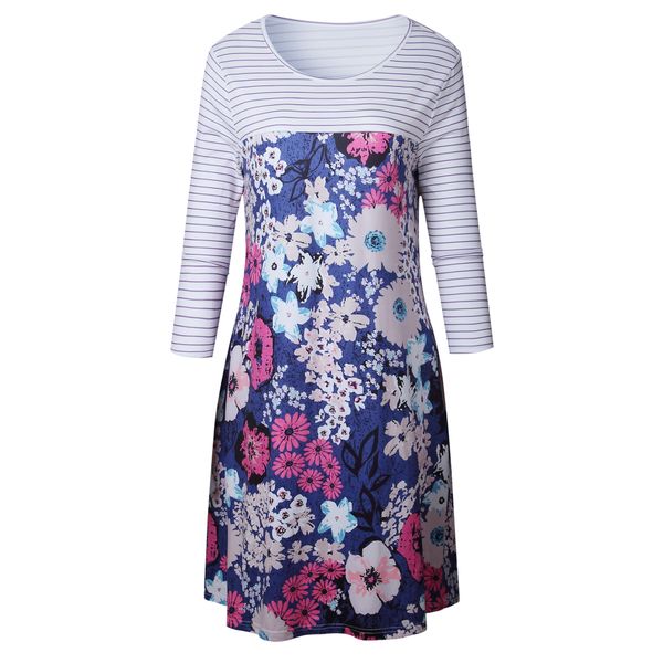 

new casual and fashionable striped long-sleeved printed dress for women 0551, Black;gray