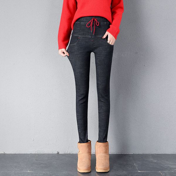 

women's jeans 2021 winter plus velvet elastic waist was thin pencil feet, Blue