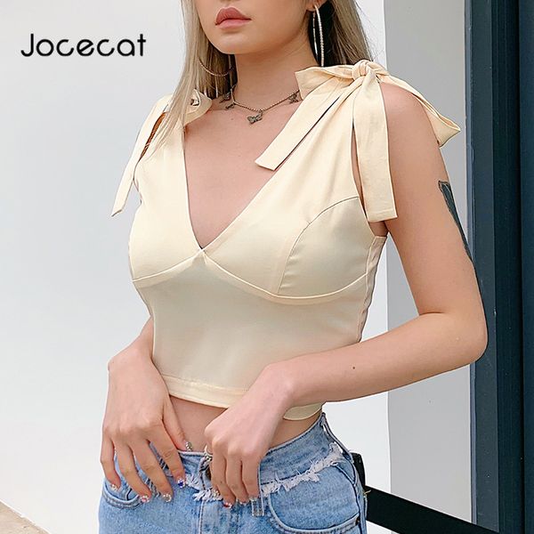 

off shoulder strapless cropped tank summer fashion bow womans v neck streetwear party solid, White