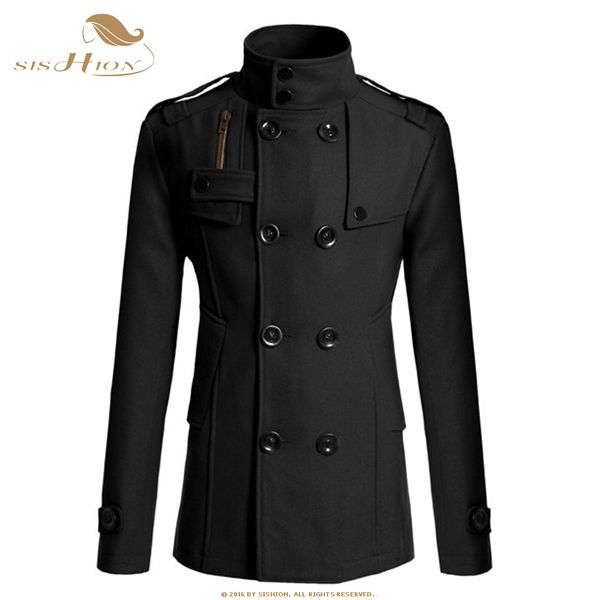 

sishion 2019 new men winter warm trench wool blends coat slim casual qy0325 solid mandarin collar double breasted peacoat parka, Black