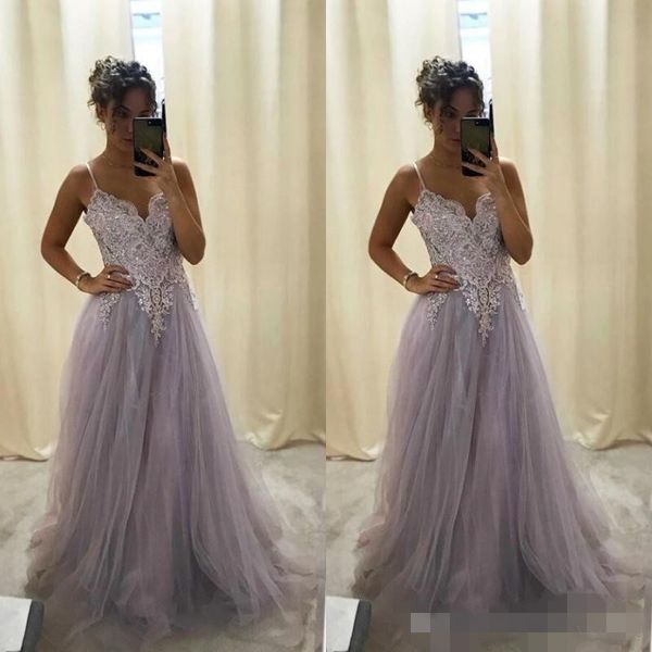 

2020 lilac prom dresses tulle spaghetti straps floor length beaded lace applique custom made evening gowns graduation pageant formal wear, Black