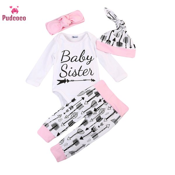 

pudcoco бренд младенческой одежды 4 шт. новорожденных наряды новорожденных девочек ползунки топы осень зима стрелка брюки леггинсы шляпа ком, Pink;blue