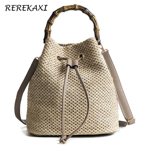 

women bucket string beach bags summer knitting straw bag female shoulder bag bamboo handle handbag messenger crossbody bags tote