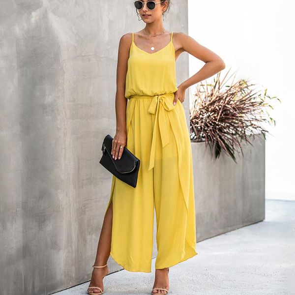 

summer v-neck strap backless sashes jumpsuits women solid wide leg side split loose solid casual cotton elegant overall xxl, Black;white