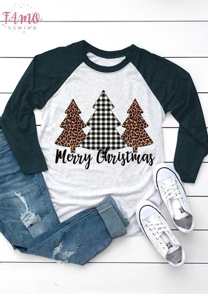 

2019 christmas women plaid leopard printed t shirt three quarter sleeve tees cute christmas tree ladies tee, White