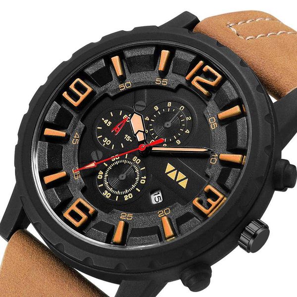 

men's sports quartz watch large dial with calendar men's leisure three-eye six-pin outdoor mountaineering watch waterproof, Slivery;brown