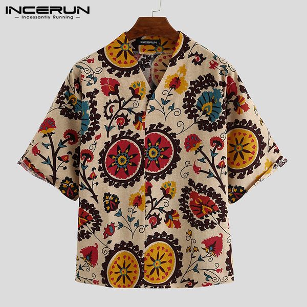 

summer vintage print shirt men half sleeve loose 2020 cotton linen v neck casual shirts streetwear chinese style camisa incerun, White;black