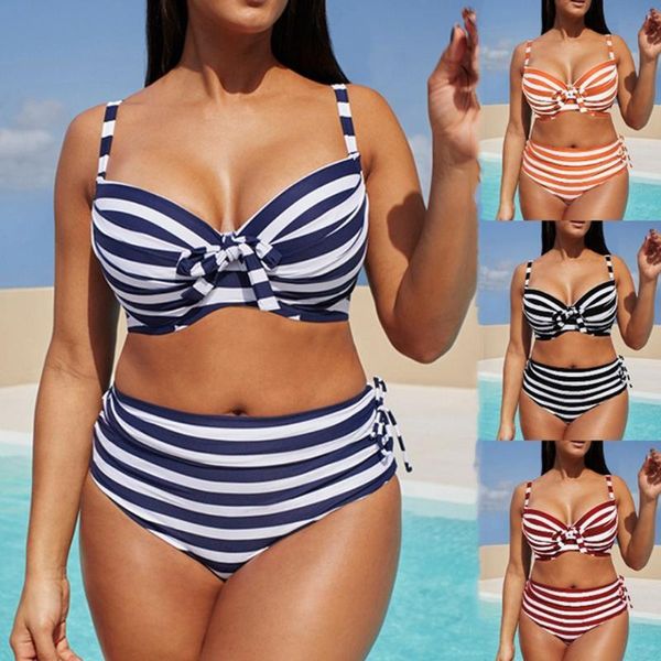 

plus size swimwear women stripe print bikini high waist tie knot swimsuit vintage bikini set large size bathing suit beachwear