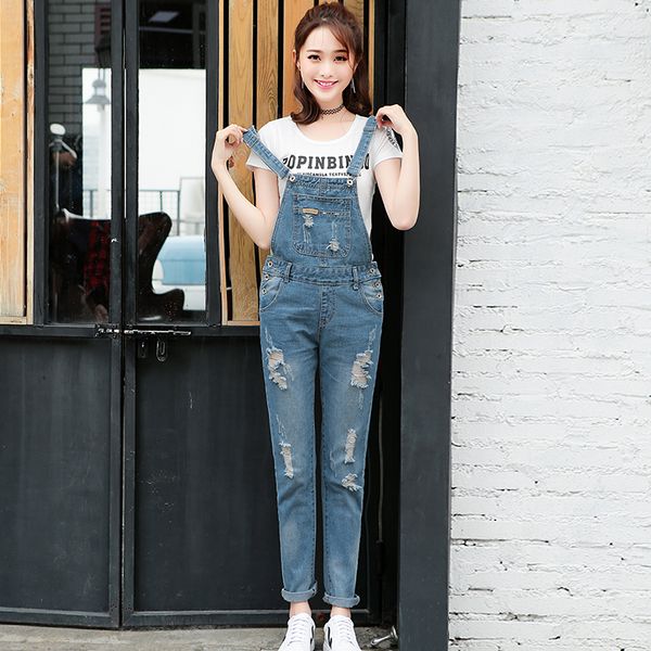 

new arrival 2018 women ripped denim jumpsuits women's overalls casual romper plus size ladies blue denim jeans jumpsuit hot, Black;white