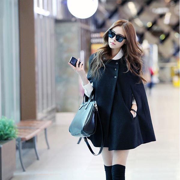 

women lady cloak poncho coat loose fashion outwear medium length clothing for winter, Black