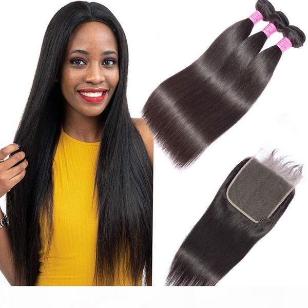 

peruvian unprocessed human hair 3 bundles with 6x6 lace closure straight virgin hair extensions with 6*6 closure middle three part, Black;brown