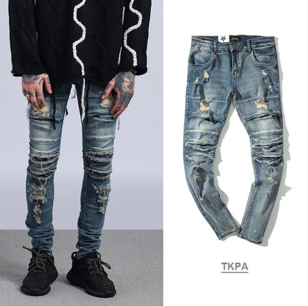 

Mens Jeans High Street Casual Style Hole and Distresses Kanye Casual Jeans Washed Color Blue Asian Size M-2XL