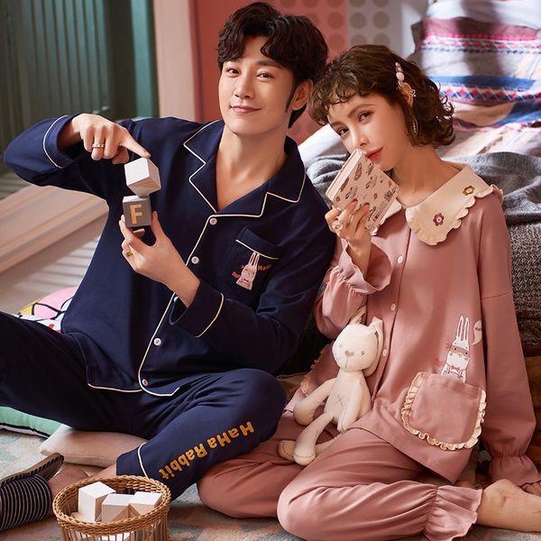 

upzdo couple's pajamas cotton autumn clothes home furnishing clothing women's long-sleeved cardigan men's suit loose large si, Blue;red