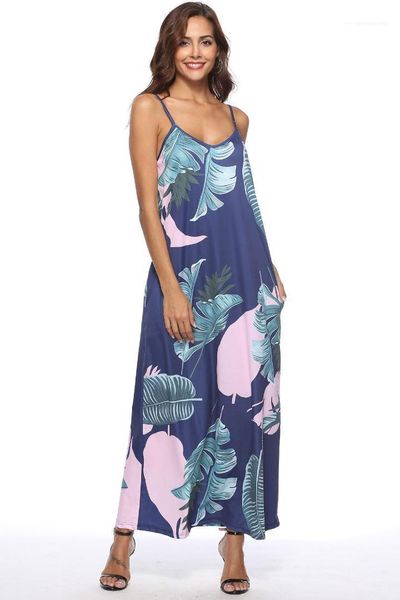 

2019 beach spaghetti strap casual loose long dresses new 19ss summer women floral dress, Black;gray