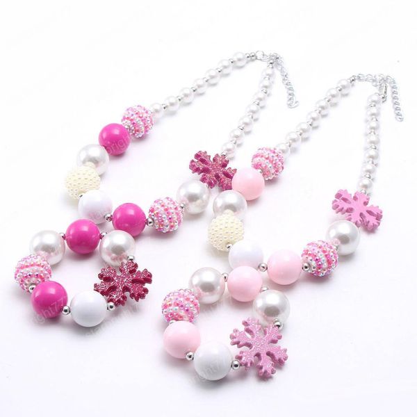 Fiore di neve Baby Kid Collana di perline robuste Set Moda Rosa + Colore bianco Design Bubblegum Perline robuste Collana di gioielli per bambini