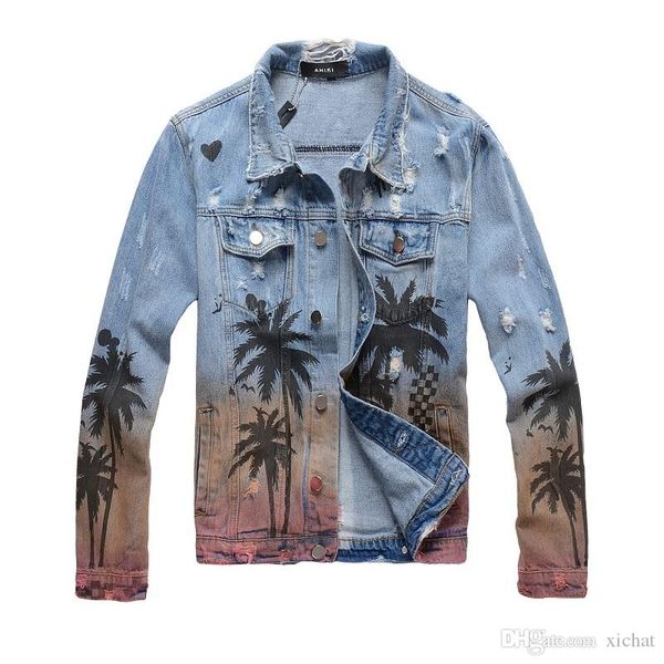 

coconut tree printed mens ripped denim jackets fashion designer zippers streetwear distressed motorcycle biker jeans jacket coat 409, Black;brown