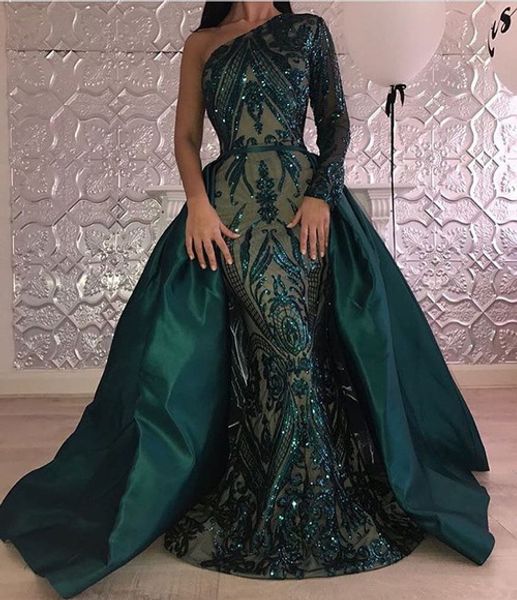 

emerald green mermaid evening dress long sleeve detachable train muslim prom dresses 2019 arabia glitter formal party gowns, White;black