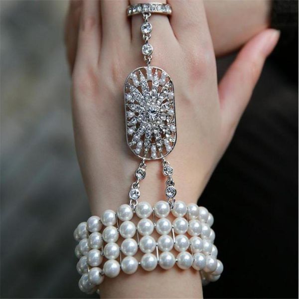 

1920's great gatsby crystal pearl hand chain slave bracelet ring jewelry, Black