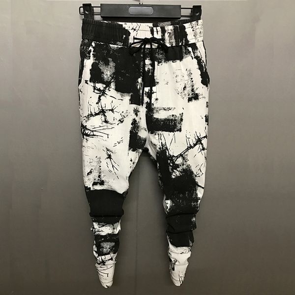 

2018 new chinese style cotton and linen men's black and white print pencil pants ankle-length personality fashion boy slim pants