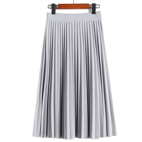 

women fashion high waist pleated solid color mid-calf lengt skirt all-match chiffon clothing lady casual stretchy thicken skirts, Black