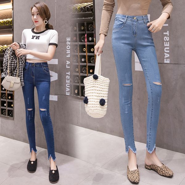 

2019 spring summer women jeans skinny denim pants female slim casual burr elastic stretch hole demin pencil pant trouser, Blue