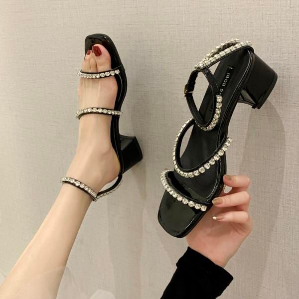 

med beige heeled sandals high heels female shoe 2020 women's ladies shoes summer buckle strap all-match medium black for woman