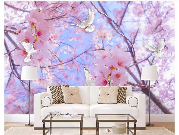 

papel de parede custom 3d p mural wall paper beautiful romantic cherry blossom white dove sky landscape background wall sticker