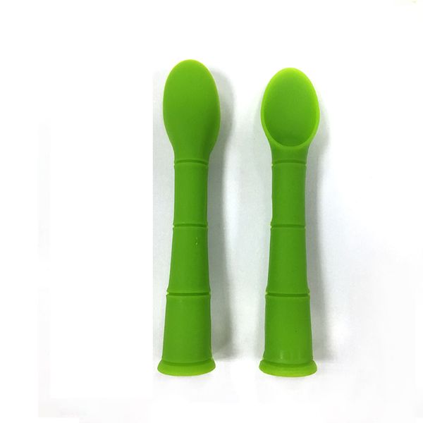 

soft silicone bamboo shape baby spoons 12.4cm fda safe silicone feeding training spoons for toddlers and babies green colors
