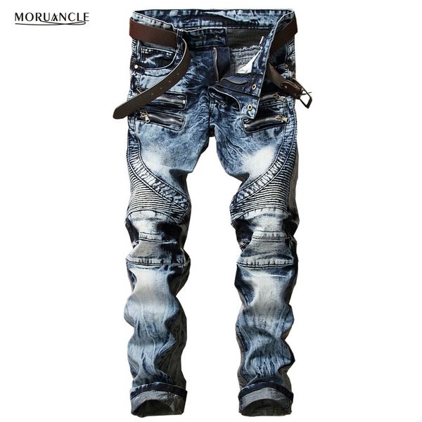 

newsosoo fashion men's biker jeans pants slim fit pleated motocycle denim trousers brand designer multi zippers straight, Blue