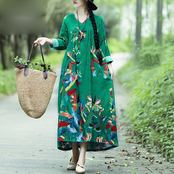 

женская одежда платья лета женщин boho винтажная сыпучие вскользь хлопка льняные платья длинные рукава twill крупногабаритные robe maxi long, Black;gray