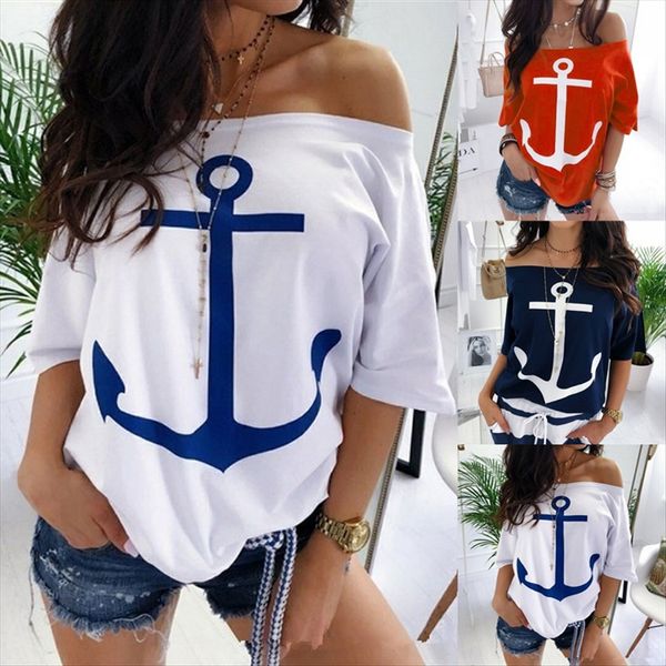 

2019 loose one-shoulder bat printed t- female 2019 loose one-shoulder bat shirt printed t-shirt female, White