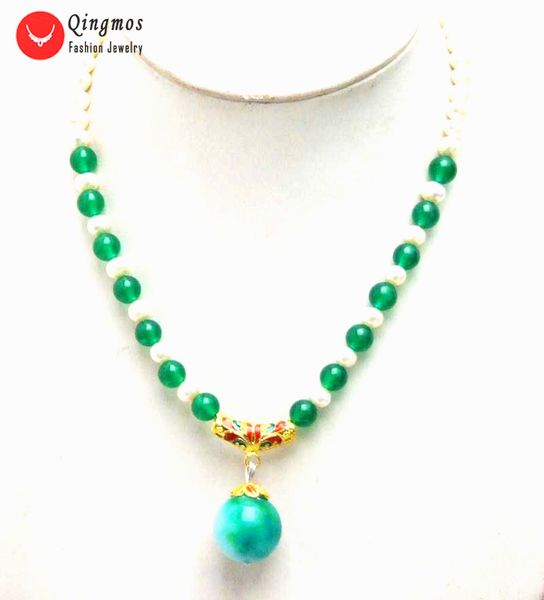 

qingmos зеленый jades и белый круглый природных жемчужное ожерелье для женщин с 20мм нефриты бисером ожерелье кулон ювелирные изделия чокеры, Silver