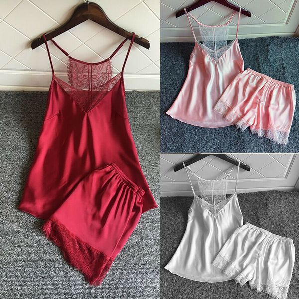 

2019 2pcs/set women silk satin lace robe shorts nightdress sleepwear babydoll pajamas, Blue;gray