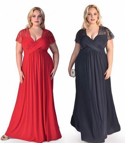 

custom made plus size navy blue women evening dresses latest red chiffon and lace v neck short sleeves zipper back formal prom gowns, Black