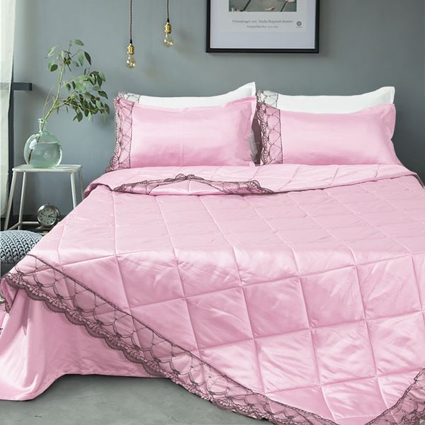 

solid color quilt with pillow sham single full queen king size air condition silk lace 2/3pcs comforter&pillowcase